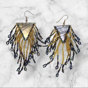 Vintage‎ Big Abalone Shell Glass Seed Bead Chandelier Earrings 4"